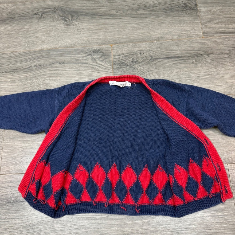 Vintage Kids Navy Argyle Knit Cardigan Red Trim Bon Voyage Crest Patch Size 4 - Picture 14 of 14